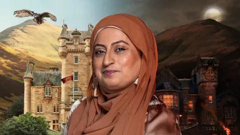 A posed close-up of a woman wearing a caramel coloured hjiab, gold nose ring and earrings, and a silk caramel and white coloured top, against a stylised background featuring a castle during the day on the left hand side, and the right hand side fading to a night scene of the same castle. Highlands and a flying owl can be seen in the background.