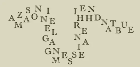 An arrangement of uppercase letters scattered across a light beige background, forming two roughly triangular clusters. The letters appear randomly placed.