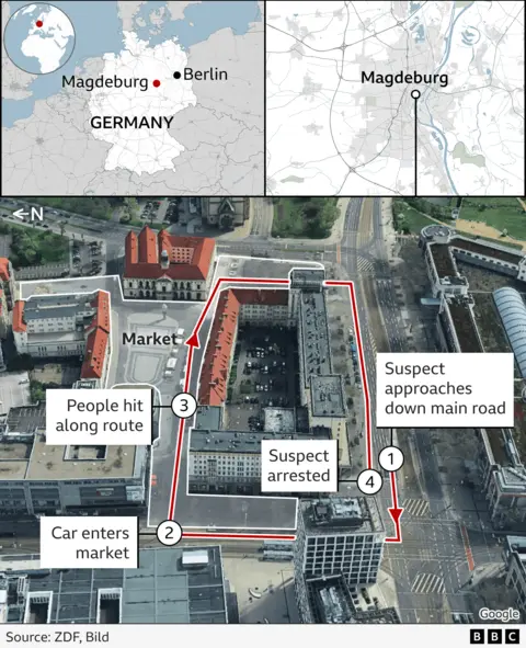 A plan of the Magdeburg Christmas market shows the route of the attack 