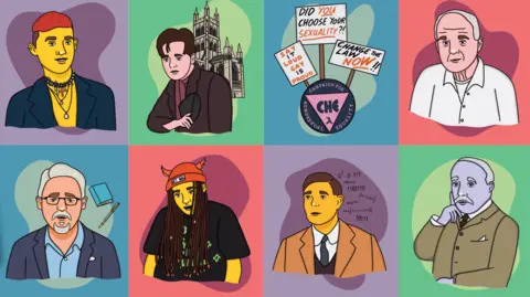 Pop art style portraits by artist Sherina Steele spotlighting LGBTQIA+ figures including Alan Turing and contemporary icons like Olly Alexander.