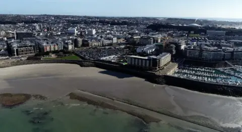 BBC Drone shot of Jersey waterfront and finance centre