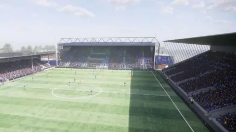 A CGI image of the proposed expansion of Edgeley Park. Directly in front is the planned East Stand. To the left is the Main Stand and to the right is the Popular Side.