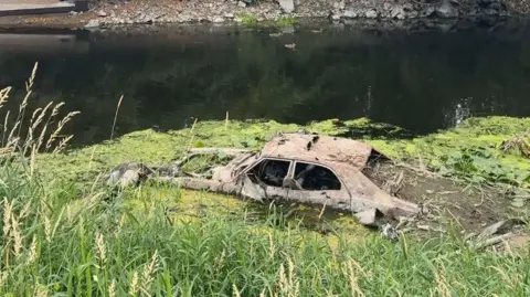 An alternative angle of the car. Its boot is entirely caked in mud and overgrown with weeds. It's surrounded by green algae. It's windows are open.