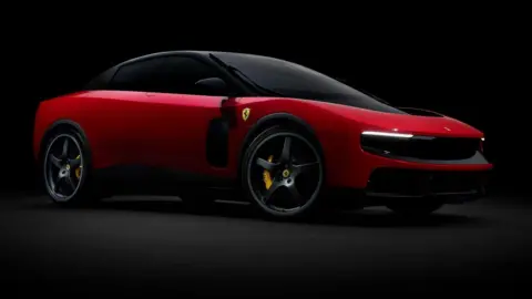 A promotional image of a red, four-door Ferrari Luce in a dark setting