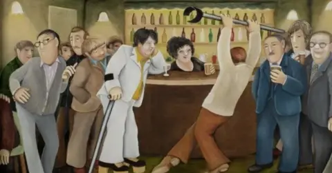 ourberylcook.com/John Cook This is Beryl Cook's painting The Back Bar of the Lockyer Tavern. It is an image of a group of people standing at a bar. The landlady is peeping over the bar with a drink. One man, who looks like he is dancing, is holding a crutch in the air and people are looking at him.