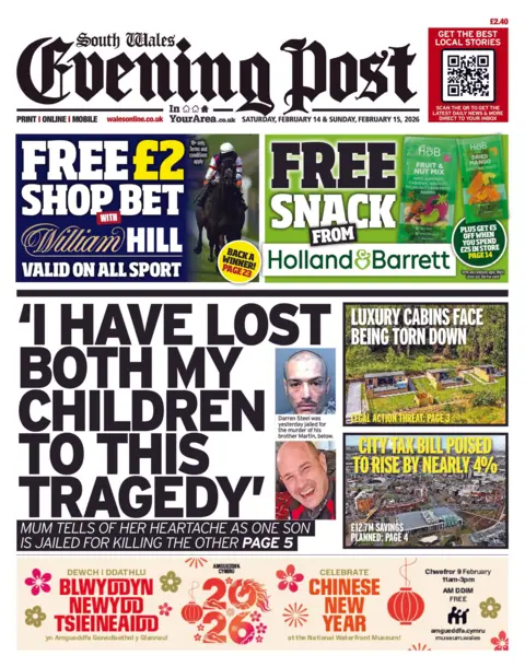 South Wales Evening Post Front page of the South Wales Evening Post. The headline reads 'I have lost both my children to this tragedy'.