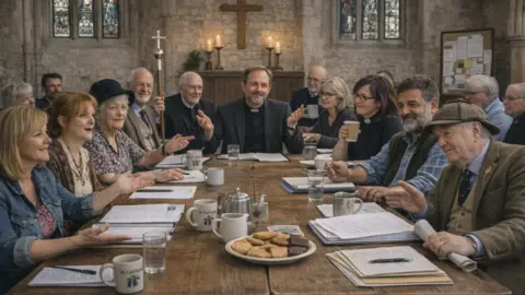 Reverend Canon Tom Kenner An AI-generated image of villagers holding a meeting around a large table 