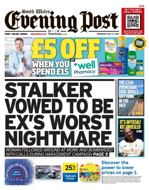 South Wales Evening Post South Wales Evening Post front page, with a main headline reading: "Stalker vowed to be ex's worst nightmare". There are two headlines to the right, the one above reads The £26m promenade that 'rivals anything in the Med' with a photo of the promenade, under that is a picture of Snoop Dogg with the headline It's official kit unveiled.