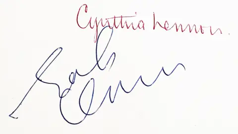 Cotswold Auction Company John Lennon's autograph in blue biro and Cynthia Lennon's autograph in red biro