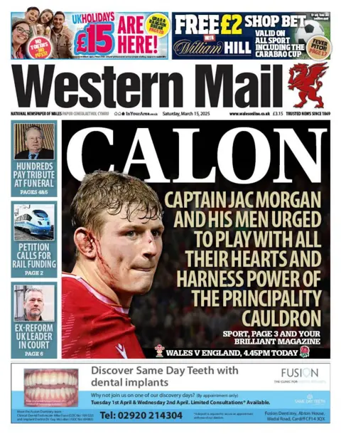 Western Mail Front page of the Western Mail has rugby front page with Jac Morgan on in a match and the headline Calon Captain Jac Morgan and his men urged to play with all their hearts