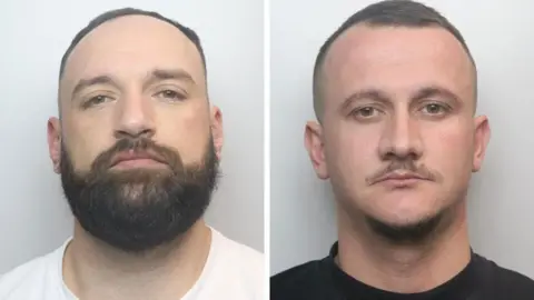 NCA A composite showing two police mugshots of Elton Hallaci, who has thinking black hair and a thick black beard and is wearing a white t-shirt, and Artur Iseberu, who has short black hair, a thin moustache and is wearing a black t-shirt. 