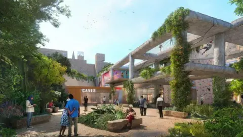 An artist's impression of the masterplan with green foliage taking over much of the old centre frame. 