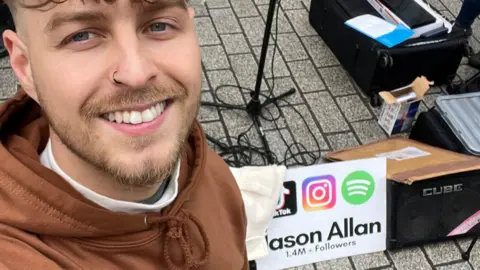 Jason Allan A man with brown hair and a small beard, with a black nose ring, wearing a brown hoodie smiles at the camera. He is standing next to music equipment.