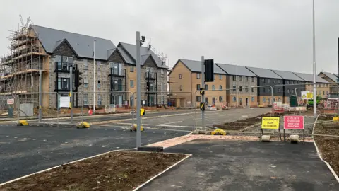 Shariqua Ahmed/ BBC Row of under construction houses in a road 