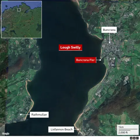 A Google Map aerial view of County Donegal, showing a body of water which is labelled as 'Lough Swilly' in red. 'Buncrana Pier' is also highlighted in red. There are white labels indicating where Buncrana, Lisfannon Beach and Rathmullan are.