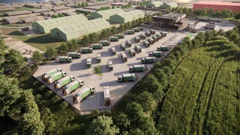 A digital image of the proposed site showing a full lorry park, six large green warehouses, and an office block, surrounded by green trees.
