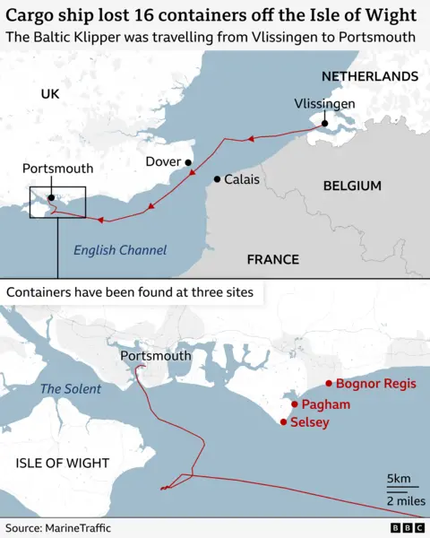 Map showing the route of the cargo ship Baltic Klipper, which lost 16 containers off the Isle of Wight. The ship travelled from Vlissingen in the Netherlands to Portsmouth in the UK, passing through the English Channel near Calais and Dover. The top section of the map shows the full route from Vlissingen to Portsmouth. The bottom section zooms in on the Isle of Wight and nearby coastline, highlighting three locations where containers have been found: Bognor Regis, Pagham, and Selsey.