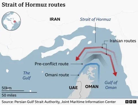A map showing three routes through the Strait of Hormuz a body of water between Iran and Oman. The northern Iranian route, southern Omani route and the pre-conflict route in the middle