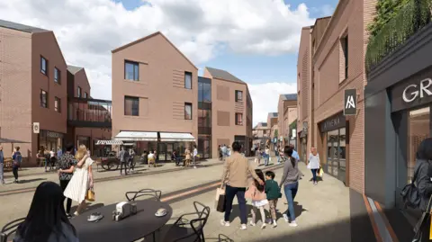 Citrus Durham Computer generated image of how the redeveloped Prince Bishops site could look, featuring shoppers in a paved public square. A cafe table with coffee cups in the foreground looks onto shop fronts surrounding the space. 