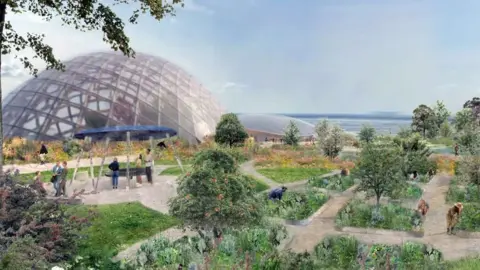 Eden Project Morecambe A new CGI image of the site shows a large glass dome to the left next to a smaller one in the distance near the sea. To the front are extensive landscaped gardens with pathways