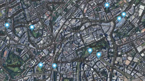 Bristol Light Festival An aerial map of Bristol's city centre featuring blue pins, showing where each of the installations will be. 