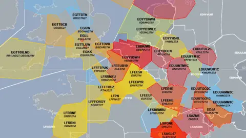 Eurocontrol Air traffic control mapping showing airspace delays as of 12:50 BST, with delays of less than 15 minutes in blue and more than 45 minutes in red