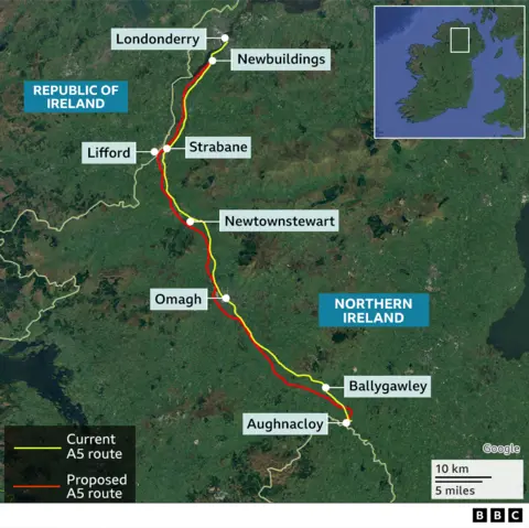 Map showing the A5 road