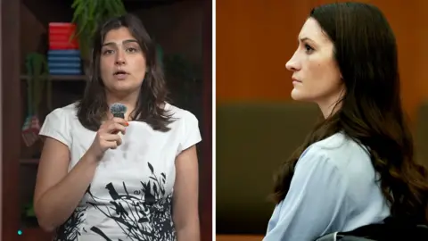 Split screen of a woman holding a small microphone and a profile of a woman sitting down. 