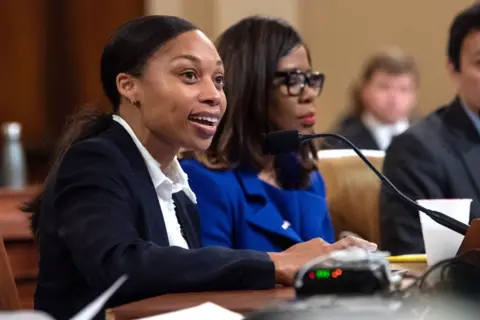 Getty Images Allyson Felix speaks to members of the US Congress