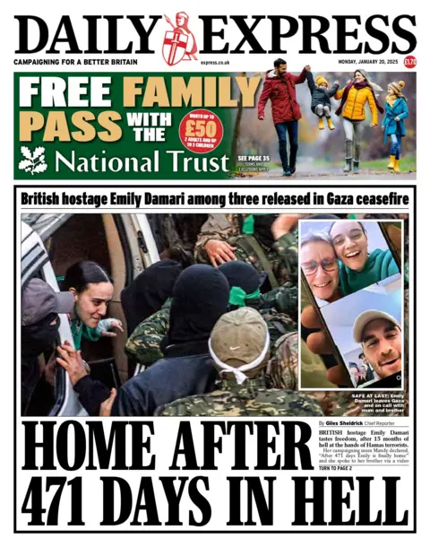 Front page of the Daily Express reads: "Home after 471 days in hell". 