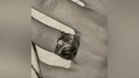 Avon and Somerset Police An old black and white close-up of a woman's ring finger, which has an engagement ring with a stone on it stacked on top of a geometric design wedding ring.
