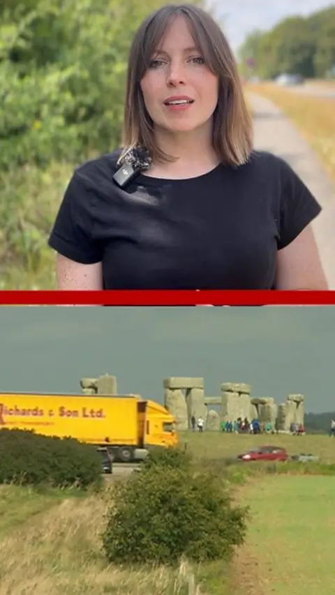 Split image showing a female reporter in a black top and a yellow lorry passing in front of Stonehenge.