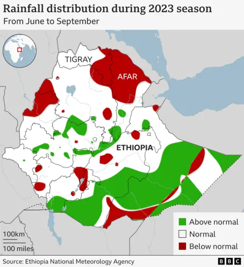 Map showing rainfall over Ethiopia in 2023