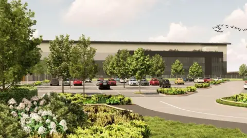 Artist's impression of grey and cream warehouse with black roof. There are cars parked outside. There are trees in front of the warehouse, and greenery with white flowers in the foreground.  A road leads out of the picture on the right.