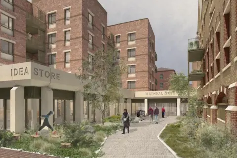 Tower Hamlets Council CHI image shows people walking in a garden along white stone floor with red brick flats and Idea Store to the left