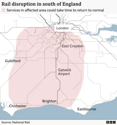 A map showing the areas affected by rail disruption in the south of England.