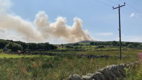 A drystone wall is in the foreground with a field of green grass and two horses standing behind it in a field with a white plume coming off a hillside in the distance and into the blue sky. 