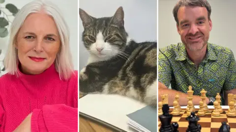 Three side-by-side images. On the left, a woman with short white hair in a bob. She wears a pink jumper and has matching pink lipstick. In the middle, a tabby cat with a white nose and cheeks sits on a pile of paper. On the right, a man with greying hair and a stubble sits across from a chess set