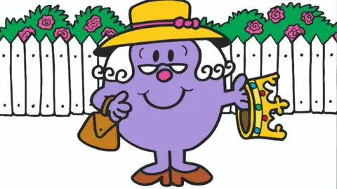Little Miss Marple is purple and wearing a hat, carrying a crown