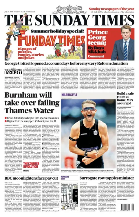 The headline on the front page of the Sunday Times reads: 'Burnham will take over failing Thames Water.'