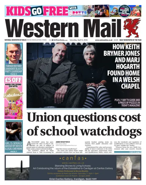 Western Mail Front page of the Western Mail with the main headline: Union questions cost of school watchdogs. Above is a picture of a man and woman smiling with the headline: "How Keith Brymer Jones and Mark Hogarth found home in a Welsh chapel.