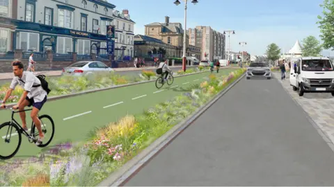 Sefton Council A CGI-generated image showing cyclists travelling along a green cycle lane bordered by wildflowers. 