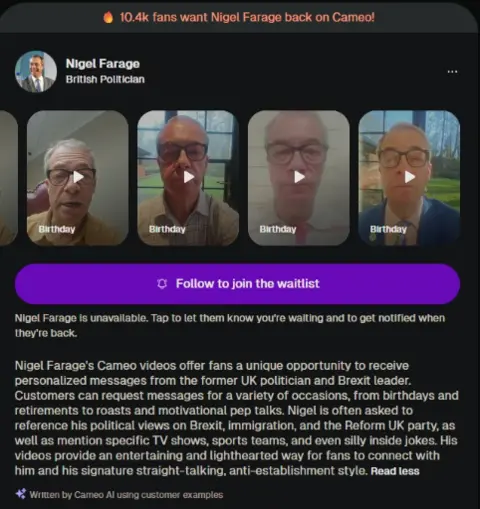  "10.4K fans want Nigel Farage back on Cameo"