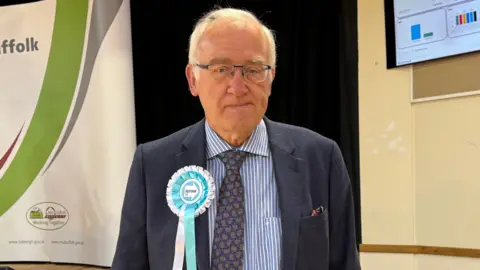 A man with grey hair and glasses smiles at the camera. He wears a navy suit with a white and blue striped shirt. There is a light blue and white rosette pinned to his chest. 