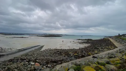 A beach in Guernsey. There are rock and pebbles in the foreground and sand in the distance. You can also see the blue sea in the distance. There are rocks with green seaweed to the right.