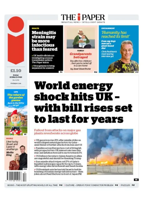 The headline on the front page of the i Paper reads: "World energy shock hits UK - with bill rises set to last for years."