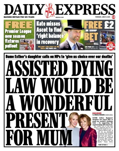 The headline on the front page of the Daily Express reads: "Assisted dying law would be a wonderful present for mum".