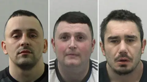 Mugshots of Harrington, O'Connor and Pedersen. Harrington had stubble and short dark hair. O'Connor has a round face with short dark hair. Pedersen has a glazed expression and has a moustache and goatee and ruffled black hair