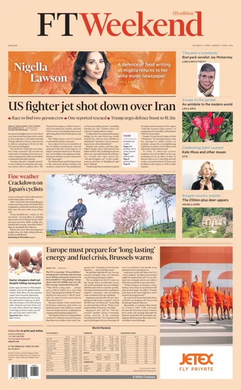 "US fighter jet shot down over Iran" reads the headline on the front page of the Financial Times.