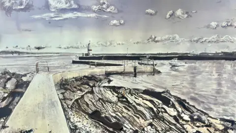 A painting of a breakwater at low tide next to a rocky landscape rounding on itself in front of a pier that has a small light beacon on it. There are clouds in the sky and boats on the water at the mouth of the harbour.